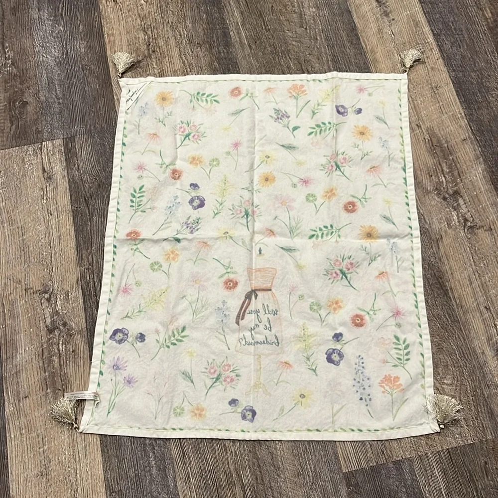 Anthropologie Floral Tea Towel Cotton  Gold Tassels